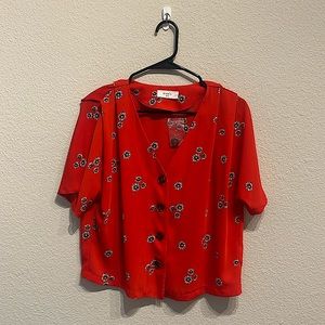 Elodie Red Floral short sleeve button top NWT
